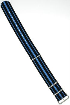 Pasek do zegarka NATO 001 w kolorze czarnym i niebieskim. Nylonowy, parciany, długość 27 cm, szerokość mocowania 24 mm. Idealny do większych zegarków sportowych i casualowych.1.jpg